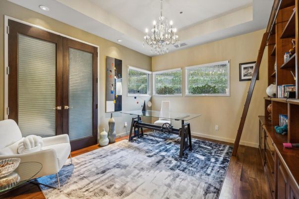 Chandelier, Home Office, Interior, Recessed Lighting, Wood Texture Flooring