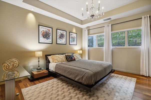 Bedroom, Chandelier, Interior, Recessed Lighting, Wood Texture Flooring