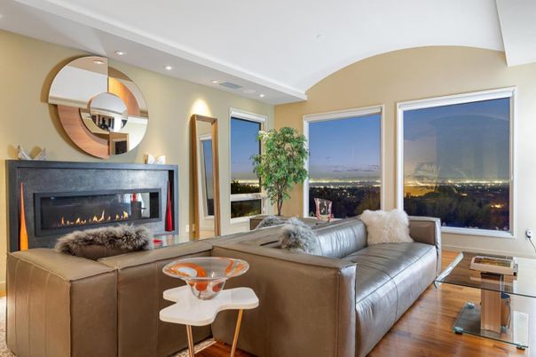 Fireplace, Interior, Living room, Recessed Lighting, Wood Texture Flooring