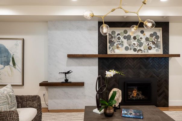Fireplace, Interior, Marble Walls, Pendant Lights, Recessed Lighting