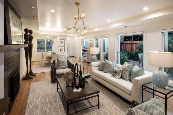 Dining room, Fireplace, Interior, Living room, Pendant Lights, Recessed Lighting, Wood Texture Flooring