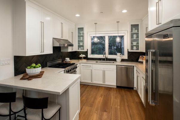 Interior, Kitchen, Pendant Lights, Recessed Lighting, Stainless Steel Appliances, Wood Texture Flooring