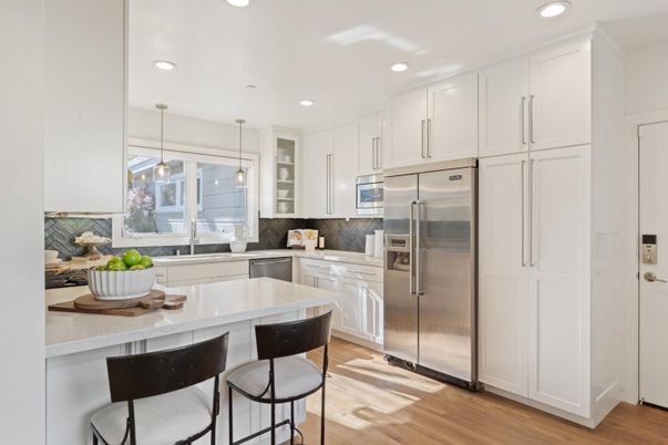 Interior, Kitchen, Pendant Lights, Recessed Lighting, Stainless Steel Appliances, Wood Texture Flooring