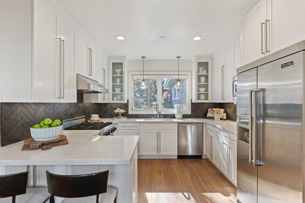Interior, Kitchen, Pendant Lights, Recessed Lighting, Stainless Steel Appliances, Wood Texture Flooring