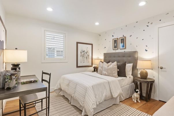 Bedroom, Interior, Recessed Lighting, Wood Texture Flooring