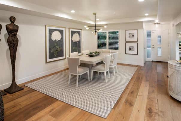 Dining room, Interior, Pendant Lights, Recessed Lighting, Wood Texture Flooring