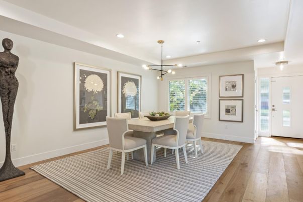 Dining room, Interior, Pendant Lights, Recessed Lighting, Wood Texture Flooring