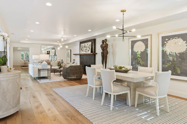 Dining room, Fireplace, Interior, Living room, Pendant Lights, Recessed Lighting, Wood Texture Flooring