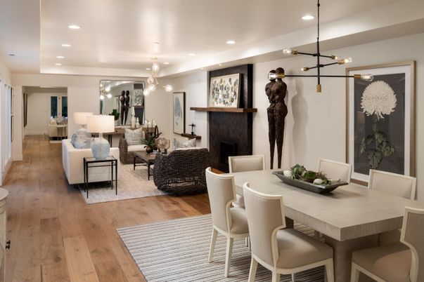 Dining room, Fireplace, Interior, Living room, Pendant Lights, Recessed Lighting, Wood Texture Flooring