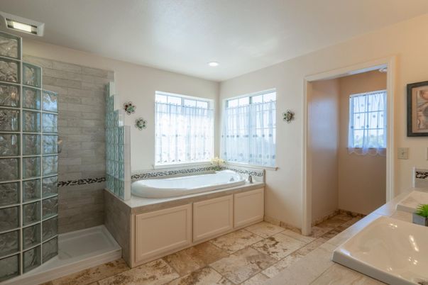 Bathroom, Dual Sink Vanities, Interior, Recessed Lighting, Stone Walls