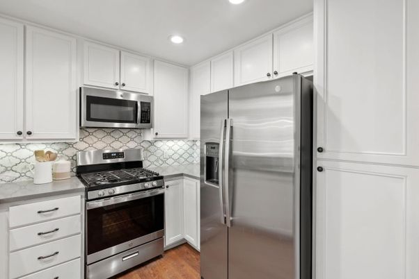 Interior, Kitchen, Recessed Lighting, Stainless Steel Appliances, Wood Texture Flooring