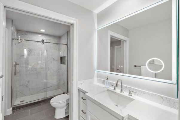 Bathroom, Glass Shower, Interior, Marble Walls, Recessed Lighting