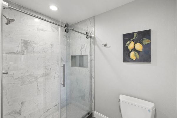 Bathroom, Glass Shower, Interior, Marble Walls, Recessed Lighting