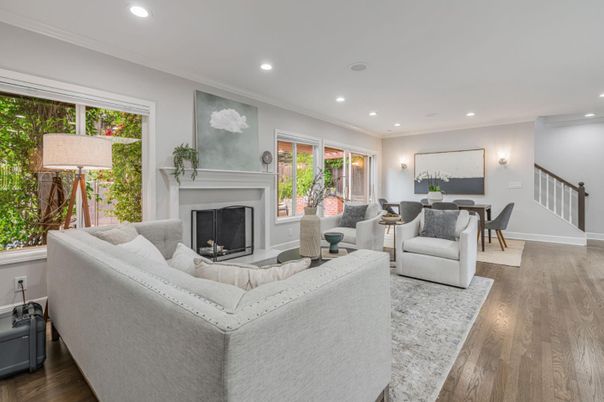 Dining room, Fireplace, Interior, Living room, Recessed Lighting, Wood Texture Flooring