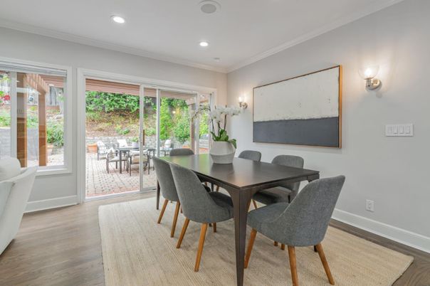 Dining room, Interior, Recessed Lighting, Wood Texture Flooring