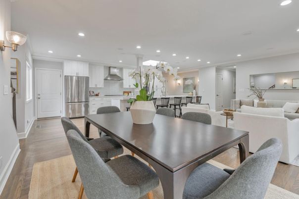 Dining room, Interior, Kitchen, Living room, Recessed Lighting, Stainless Steel Appliances, Wood Texture Flooring