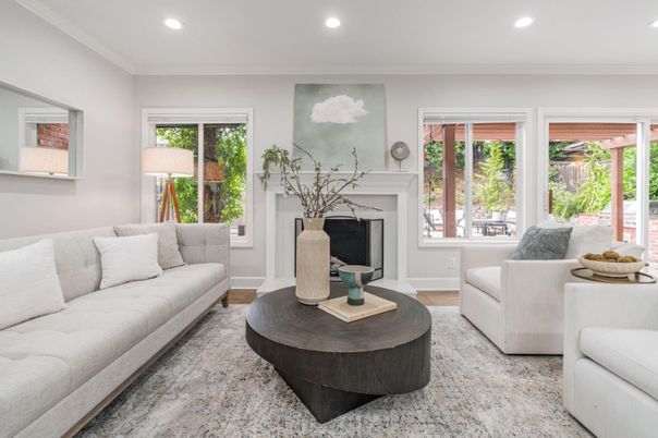 Fireplace, Interior, Living room, Recessed Lighting, Wood Texture Flooring