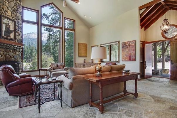 Fireplace, Interior, Living room, Pendant Lights, Stone Walls