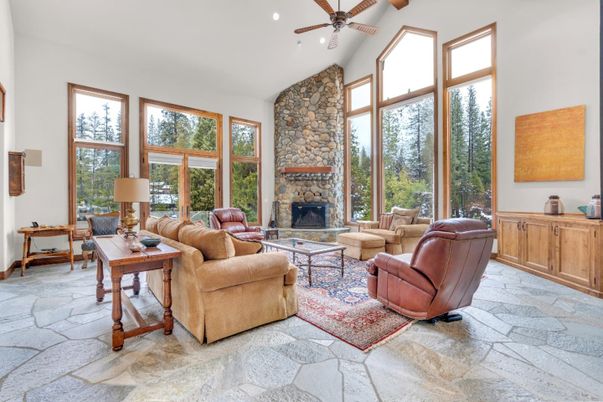 Fireplace, Interior, Living room, Recessed Lighting, Stone Walls, Wooden Beams