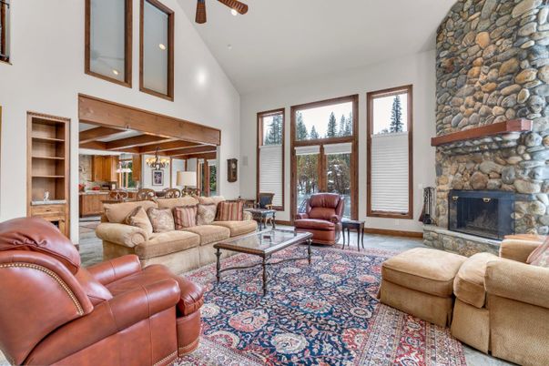 Dining room, Fireplace, Interior, Living room, Pendant Lights, Stone Walls, Wooden Beams