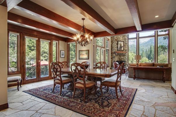 Chandelier, Dining room, Interior, Recessed Lighting, Wooden Beams