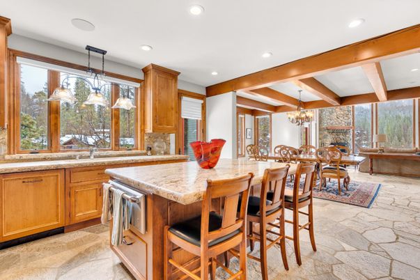 Chandelier, Dining room, Interior, Kitchen, Pendant Lights, Recessed Lighting, Stainless Steel Appliances, Wooden Beams