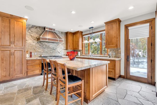 Interior, Kitchen, Pendant Lights, Recessed Lighting, Stainless Steel Appliances, Stone Walls