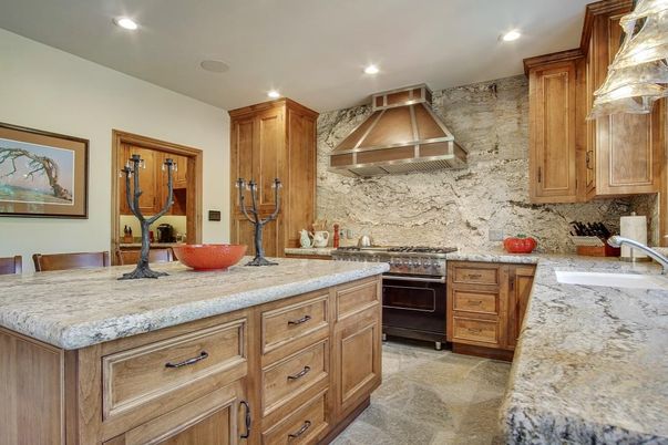 Interior, Kitchen, Recessed Lighting, Stainless Steel Appliances, Stone Walls