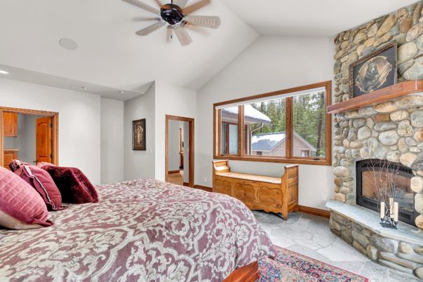 Bedroom, Fireplace, Interior, Recessed Lighting, Stone Walls