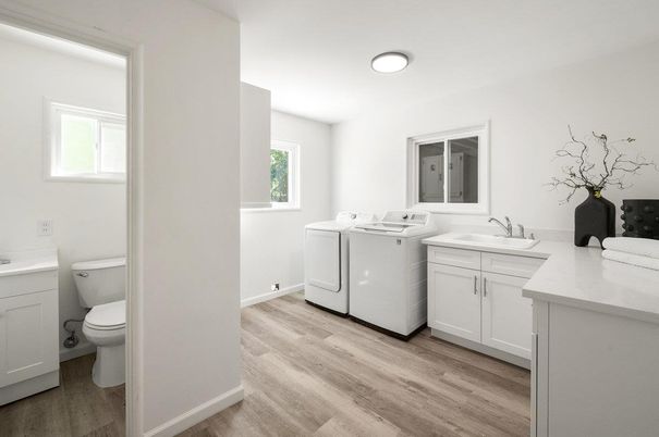 Bathroom, Interior, Washer, Wood Texture Flooring