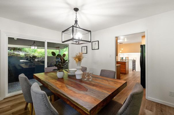 Dining room, Interior, Pendant Lights, Wood Texture Flooring