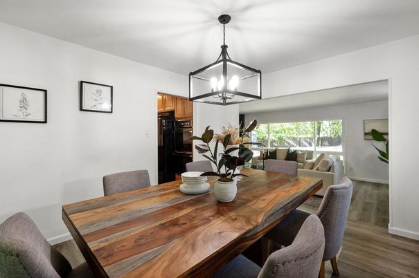 Dining room, Interior, Pendant Lights, Wood Texture Flooring