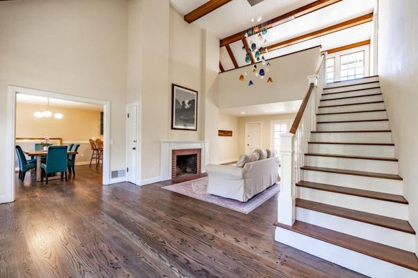 Dining room, Fireplace, Interior, Living room, Pendant Lights, Recessed Lighting, Wooden Beams, Wood Texture Flooring