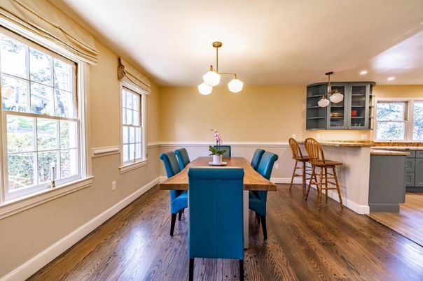 Dining room, Interior, Pendant Lights, Recessed Lighting, Wood Texture Flooring