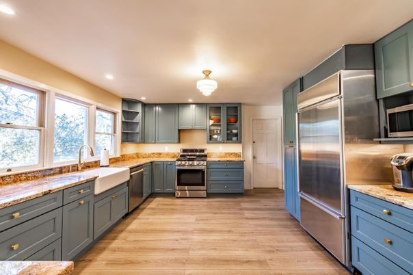 Interior, Kitchen, Recessed Lighting, Stainless Steel Appliances, Wood Texture Flooring