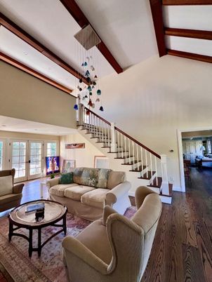 Interior, Living room, Pendant Lights, Wooden Beams, Wood Texture Flooring