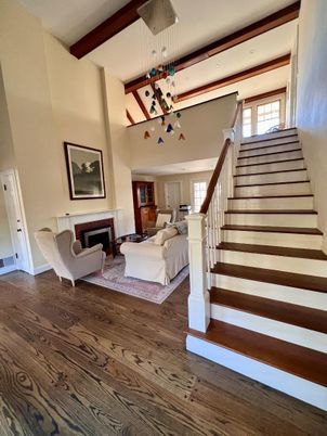 Fireplace, Interior, Living room, Pendant Lights, Recessed Lighting, Wood Texture Flooring