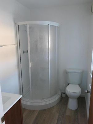 Bathroom, Glass Shower, Interior, Wood Texture Flooring