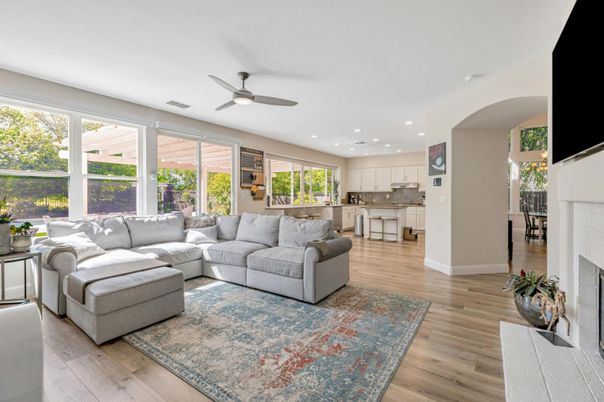 Fireplace, Interior, Kitchen, Living room, Recessed Lighting, Wood Texture Flooring