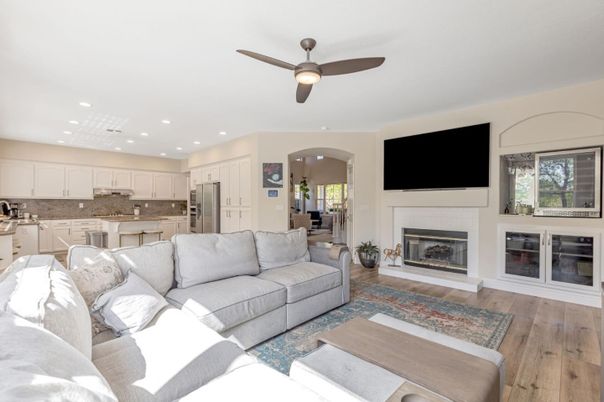 Fireplace, Interior, Kitchen, Living room, Recessed Lighting, Stainless Steel Appliances, Wood Texture Flooring