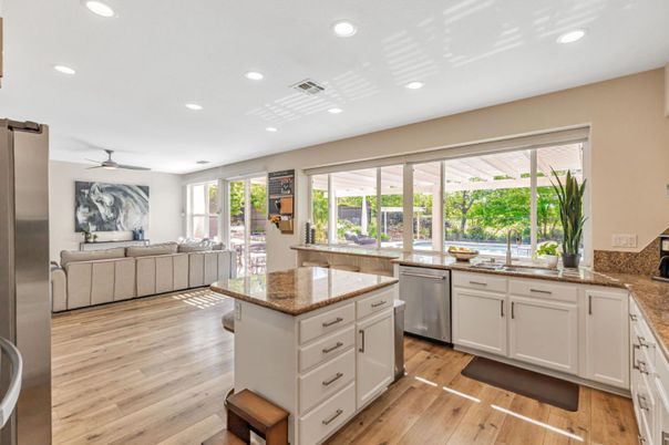 Interior, Kitchen, Living room, Recessed Lighting, Stainless Steel Appliances, Wood Texture Flooring
