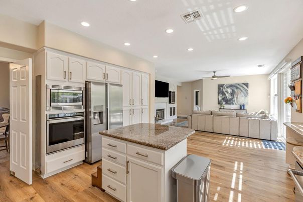 Interior, Kitchen, Living room, Recessed Lighting, Stainless Steel Appliances, Wood Texture Flooring