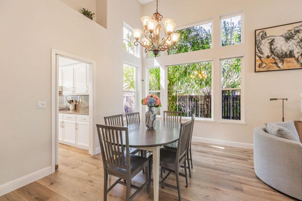 Chandelier, Dining room, Interior, Wood Texture Flooring