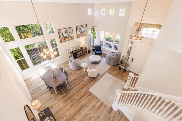 Dining room, Interior, Living room, Pendant Lights, Wood Texture Flooring