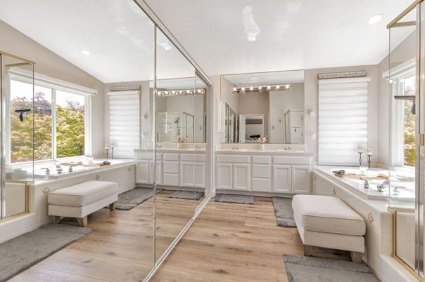 Bathroom, Dual Sink Vanities, Interior, Recessed Lighting, Wood Texture Flooring