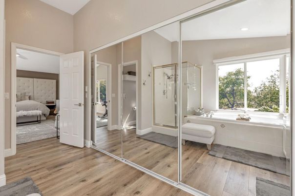 Bathroom, Bedroom, Glass Shower, Interior, Recessed Lighting, Wood Texture Flooring