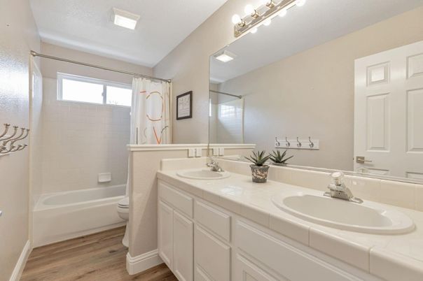 Bathroom, Dual Sink Vanities, Interior, Tile Countertops, Wood Texture Flooring