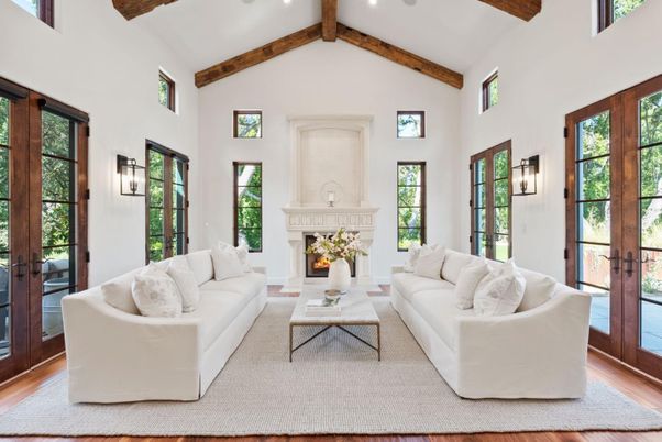Fireplace, Interior, Living room, Recessed Lighting, Wooden Beams, Wood Texture Flooring
