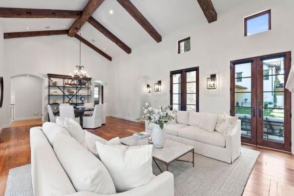 Chandelier, Dining room, Interior, Living room, Recessed Lighting, Wooden Beams, Wood Texture Flooring
