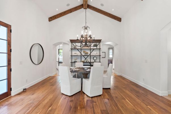 Chandelier, Dining room, Interior, Recessed Lighting, Wooden Beams, Wood Texture Flooring